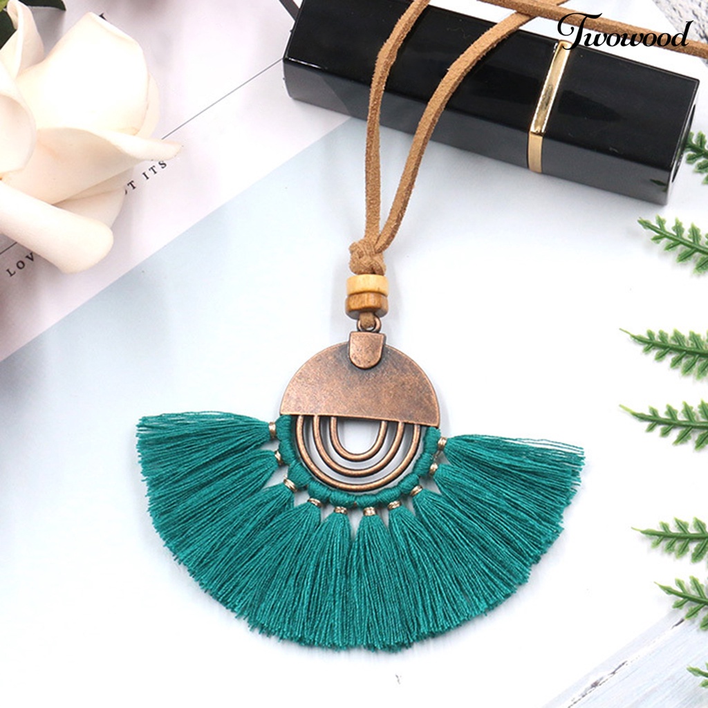 Kalung Rumbai Bentuk Kipas Bahan Katun Alloy Gaya Bohemian Etnik Untuk Wanita