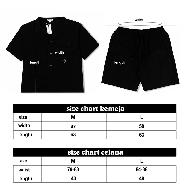 world studios set shirt &amp; short pants black unisex - stelan wanita pria kemeja &amp; celana pendek