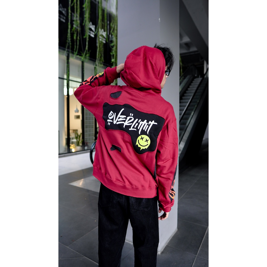 OVERLIMIT SMILE FIRE | CROP HOODIE OVERSIZE UNFINISHED | MAROON | STREETWEAR