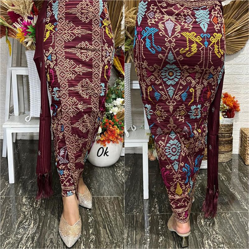 Kamen jadi katun bordir strait motif songket + Selendang