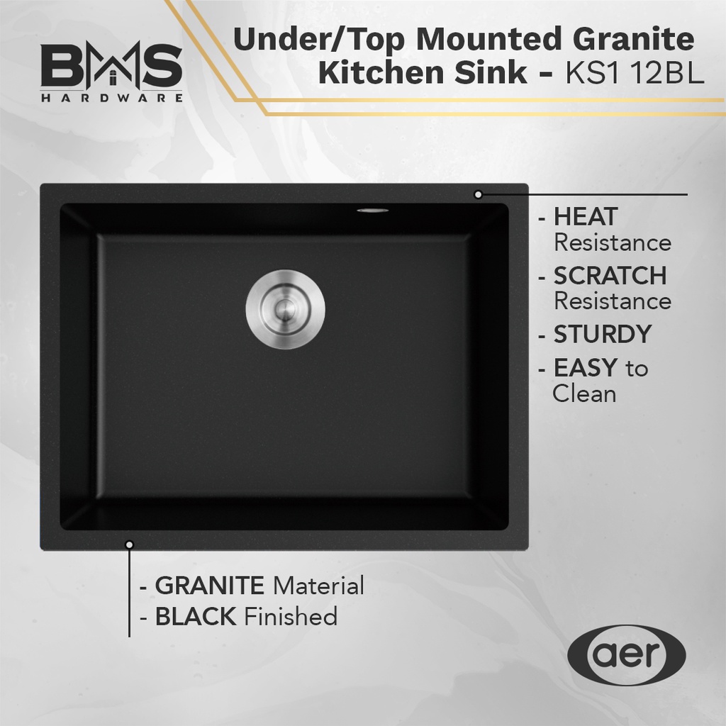 Jual AER Granite Kitchen Sink UnderMount/TopMounted Bak Cuci Piring Granit KS1 12 BL / G