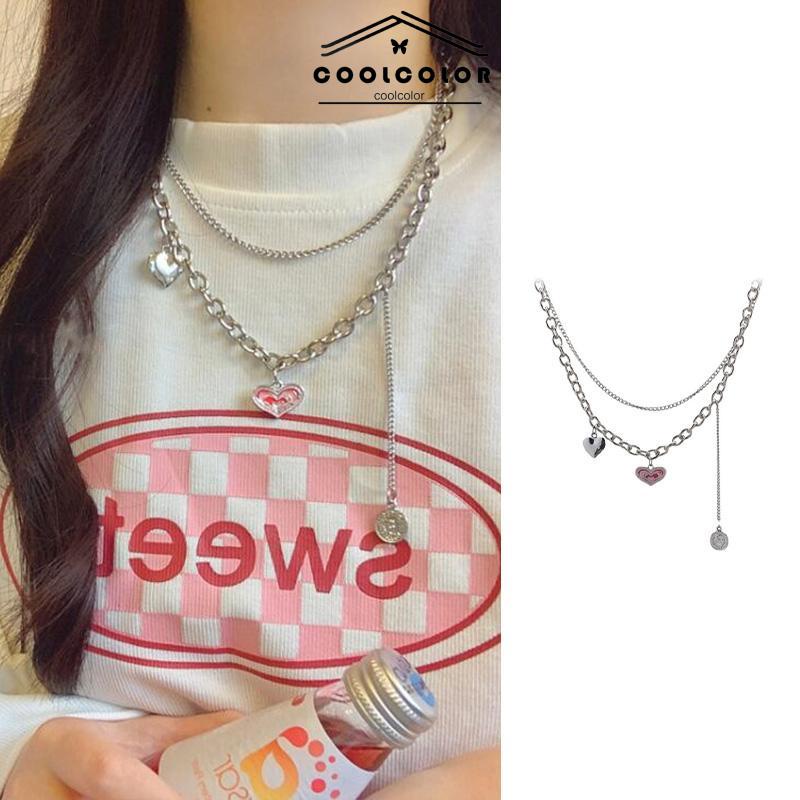 COD❤️Kalung Korea Cinta Rantai Klavikula Kepribadian Hip Hop Bertumpuk Lapisan Ganda Wanita Hip Hop Anti Karat Dan Luntur Mewah Multi-layer Retro Murah Import