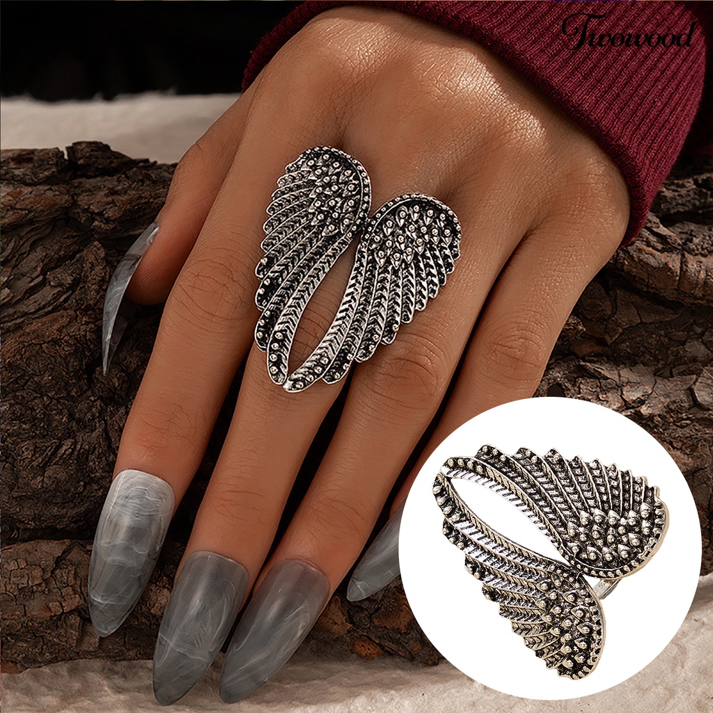 Cincin Bentuk Sayap Malaikat Bahan Alloy Warna Silver Untuk Wanita