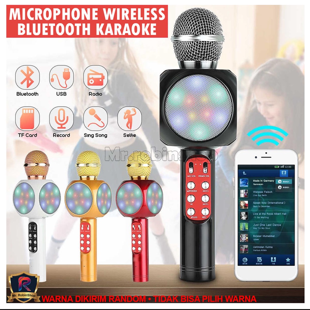 WS-1816 Mic Wireless Bluetooth Karaoke LED RGB cas ulang / WS1816 Microphone Speaker KTV Efek USB Player