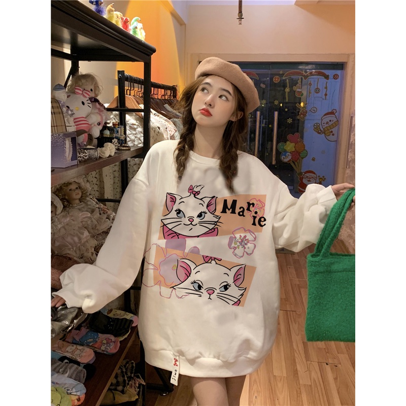 EUNII Sweater Lengan Panjang Cute Cat Korean Style/Hoodie Oversize/Baju Wanita/Switer Wanita