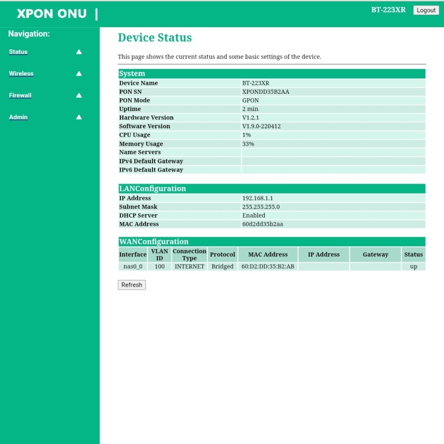 MODEM ONT XPON BT-223XR EPON/GPON 1GE+1FE+WIFI 2,4G 5DBI BARU
