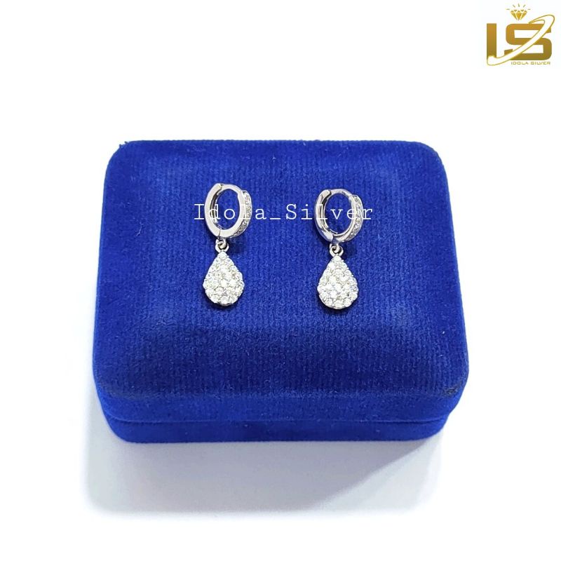 ANTING PERAK ASLI SILVER WANITA 925 LAPIS EMAS PUTIH MODEL JEPIT BULAT PERMATA GANTUNGAN OVAL PERMATA FULL - PERHIASAN PERAK WANITA