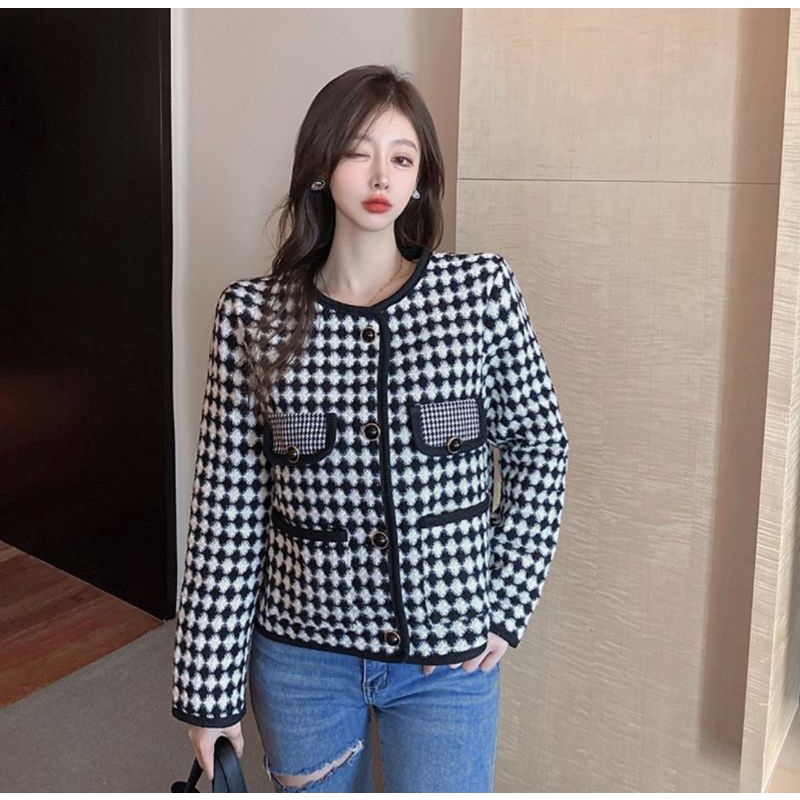 VN VICTORIA FUR CARDIGAN HOUNDSTOOTH KOREAN WINTER