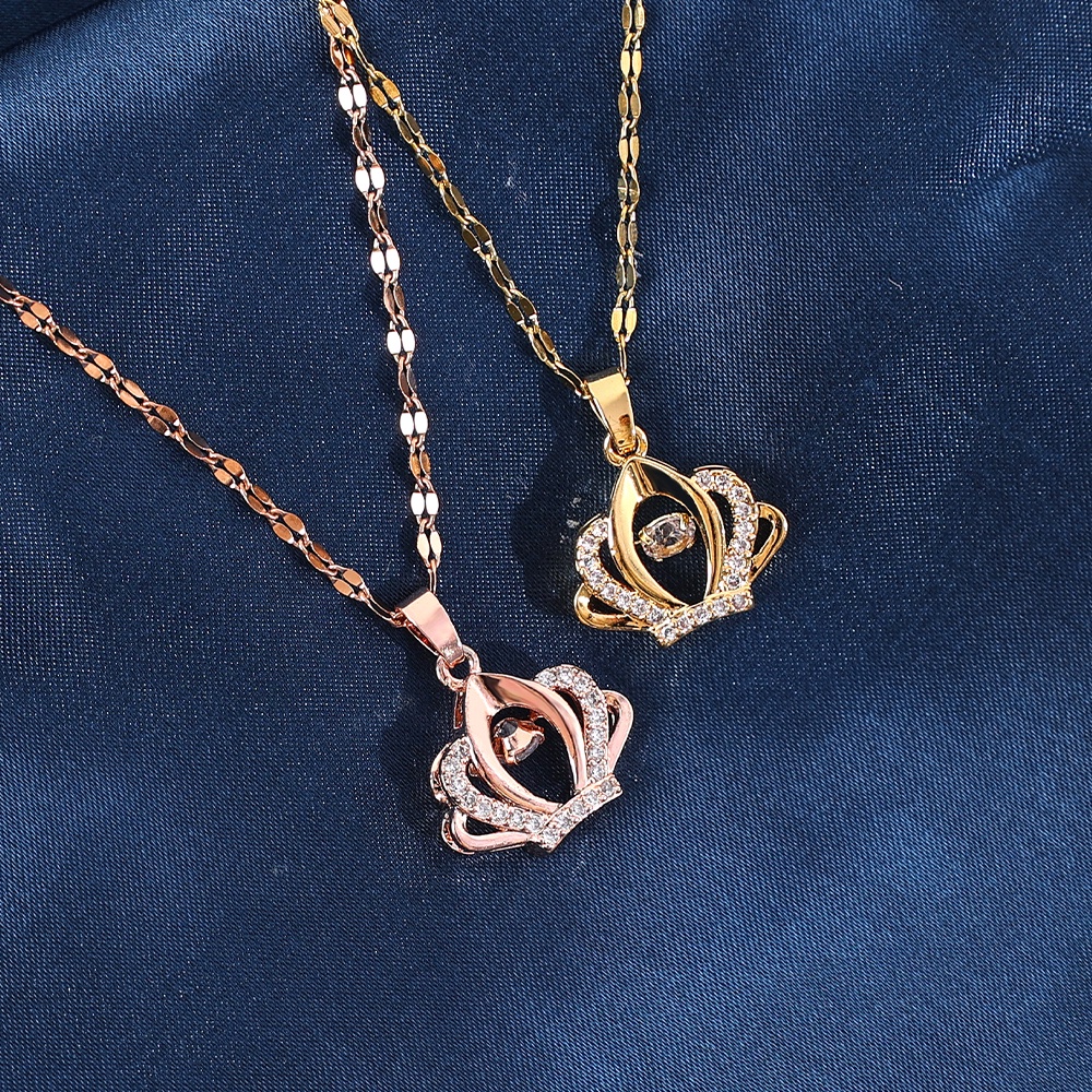 Kalung Rantai Klavikula Hias Liontin Mahkota Kristal Bahan Stainless Steel Untuk Wanita