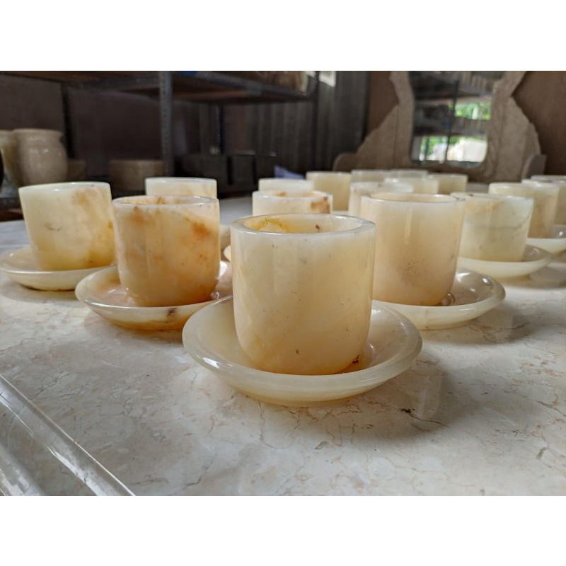 set gelas dan lepek batu onix super