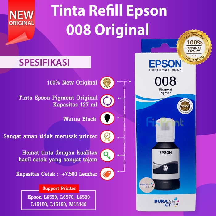 Tinta Original 008 Epson Ink Refill Printer Epson L6550 L6570 L6580 L15150 L15160