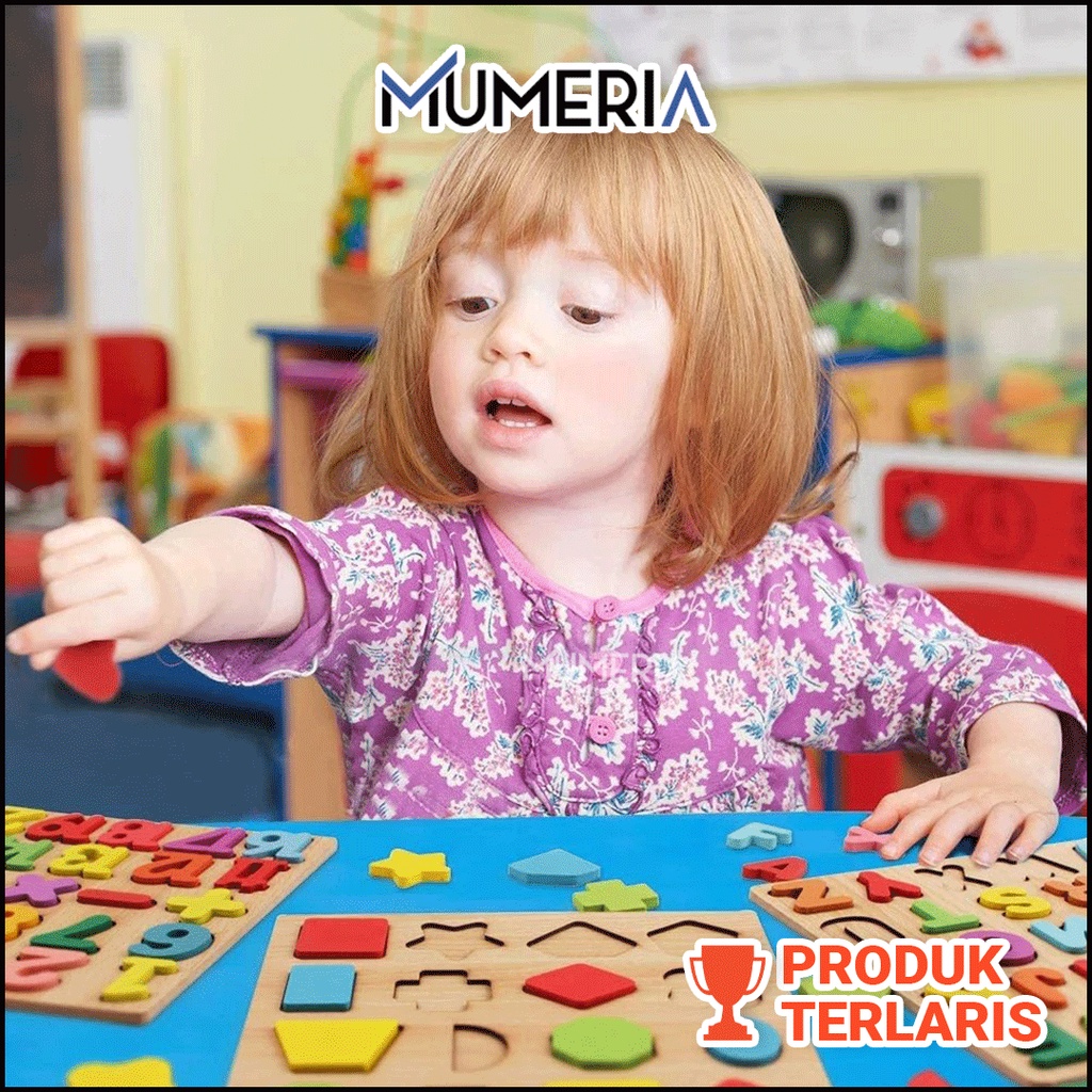 Jigsaw Wooden Chunky Mainan Balok Puzzle Belajar Edukasi Anak Kayu 3D Mengenal Huruf ABC Angka dan Bentuk Abjad Alphabet Murah Bagus