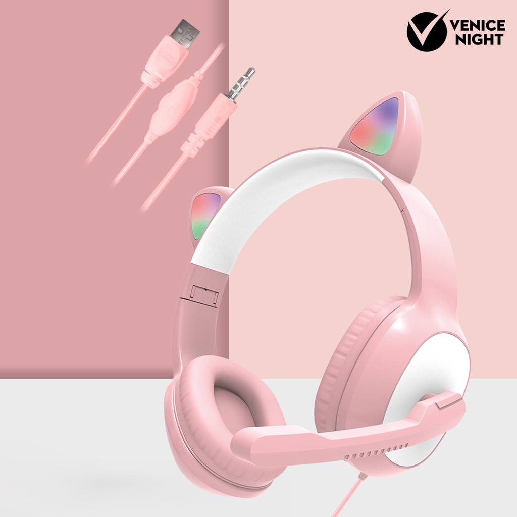 (VNEP) (Berkabel) G19 Headset Pengurang Kebisingan Bentuk Telinga Kucing 7.1 Saluran HiFi Over Ear Headphone dengan Mikrofon untuk Bermain Game