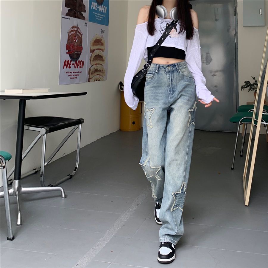 Bintang Berujung Lima Stiker Bordir Jeans Wanita Musim Gugur 2022 Baru Pinggang Tinggi Tipis Mahasiswa All-Match Celana Lebar Kaki Lurus