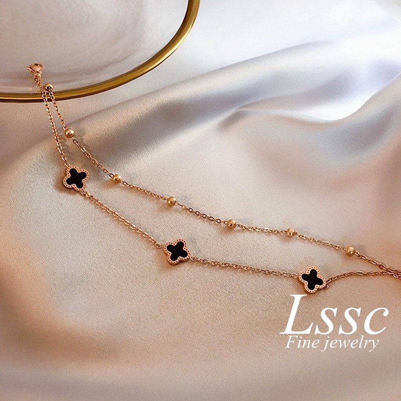 Gelang Titanium 2 Layer Wanita Anti Karat Bunga Semanggi Keberuntungan Emas 18K Fashion Korea Aksesoris