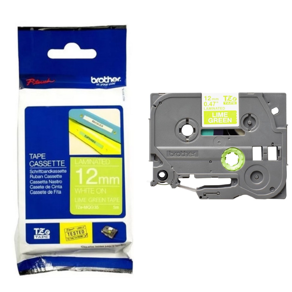

BROTHER TZE-MQG35 12MM WHITE ON LIME GREEN (5 METER) TZE MQG35