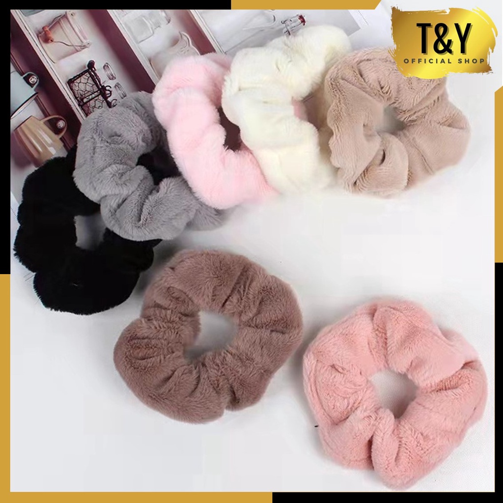 T&amp;Y Ikat Rambut Scrunchie Korea Hijab Gelang Hairband Kunciran Cepol Jilbab Lingkar Besar Bulu Lembut Korea Motif Polos Murah