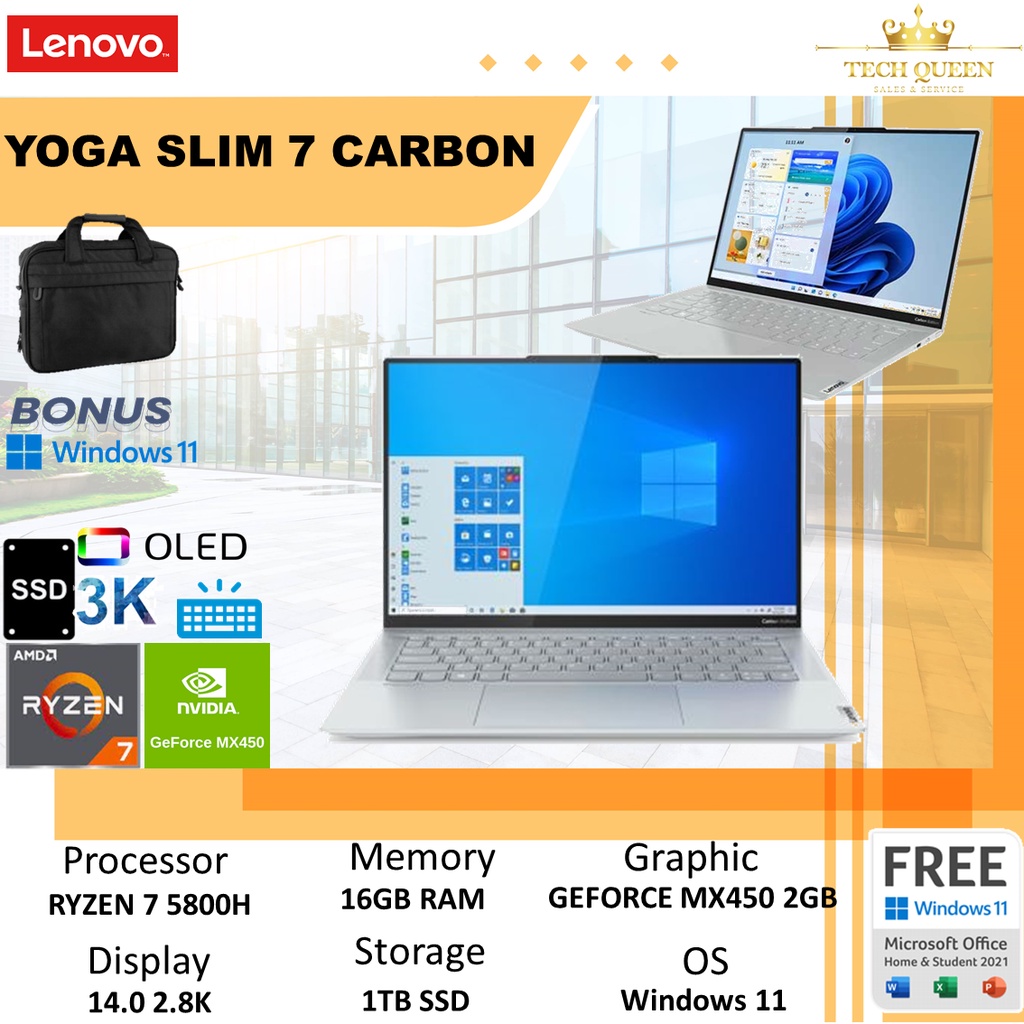 Lenovo Yoga Slim 7 Carbon 14 Touch OLED MX450 2GB - RYZEN 7 5800 16GB 1TBSSD W11+OHS 14.0 Inchi 2.8K