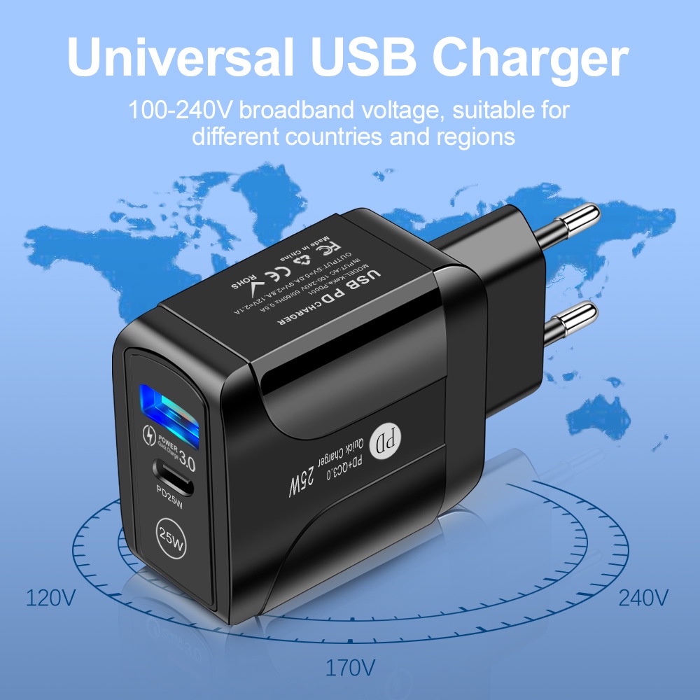 Adapter Power Charger Dual Port USB Tipe-C QC3.0 + PD 20W Portable Untuk Iphone / Android