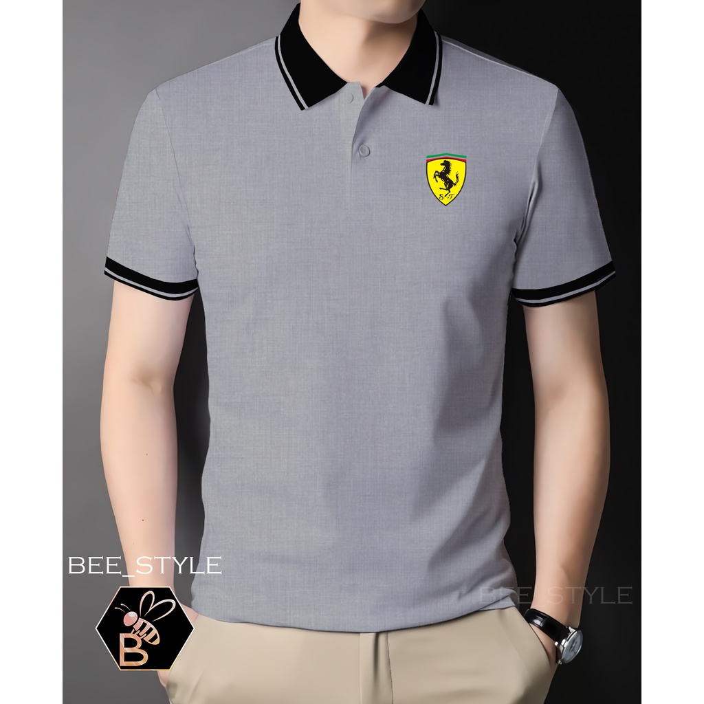 Kaos Kerah Kombi Logo Ferrari Kuning / Kaos Pria Logo Ferrari Kuning / Polo Shirt Kerah Kombi