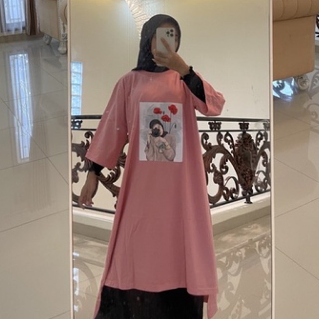 long tunik combed sablon / kaos long tunik / gamis kaos sablon / long tunik