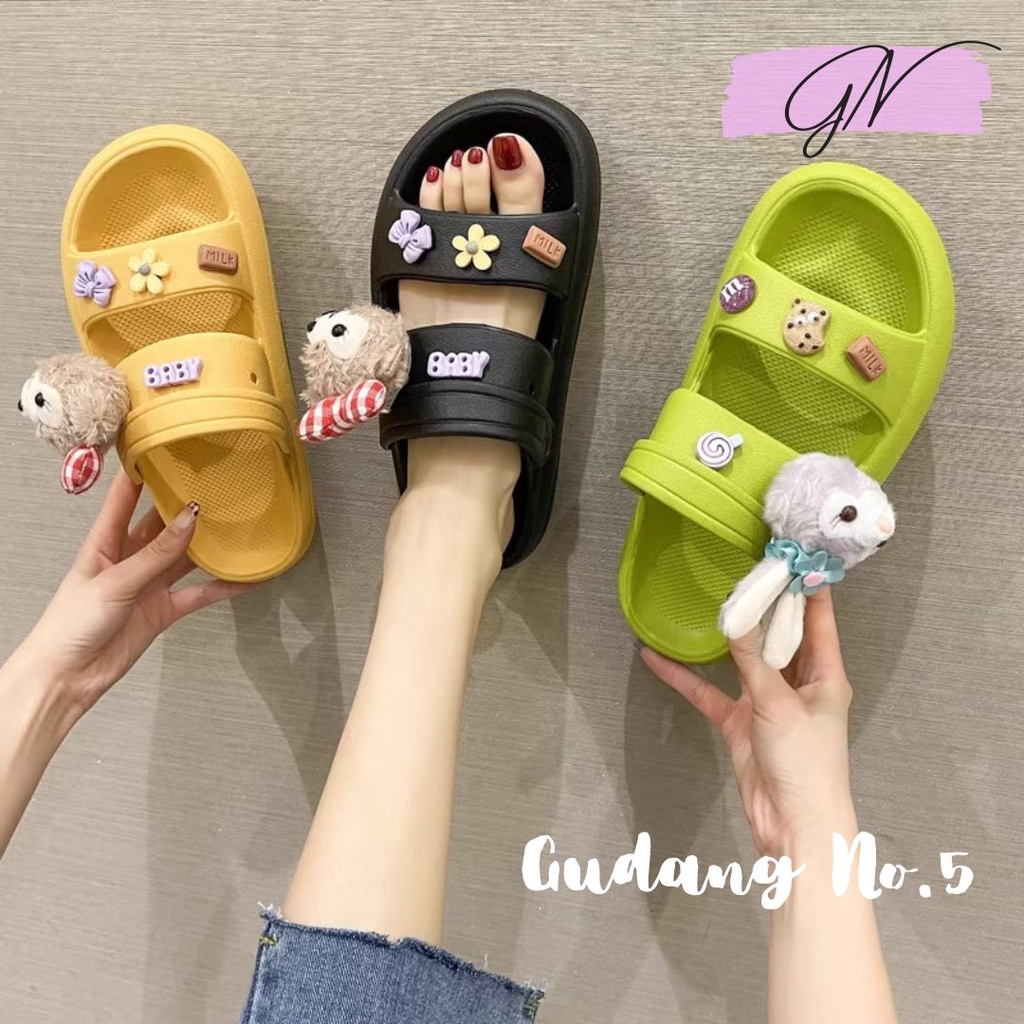 GN-9100-1 &amp; 2 Sandal Selop EVA Rubber Wanita Dengan Jibbitz Motif Cartoon Tali Dua Import