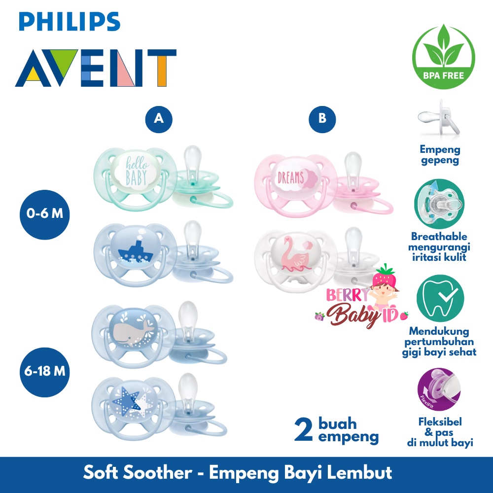 Philips Avent Soft Soother Twin Pack 2 Pc Empeng Bayi 0-6m 6-18m Berry Mart