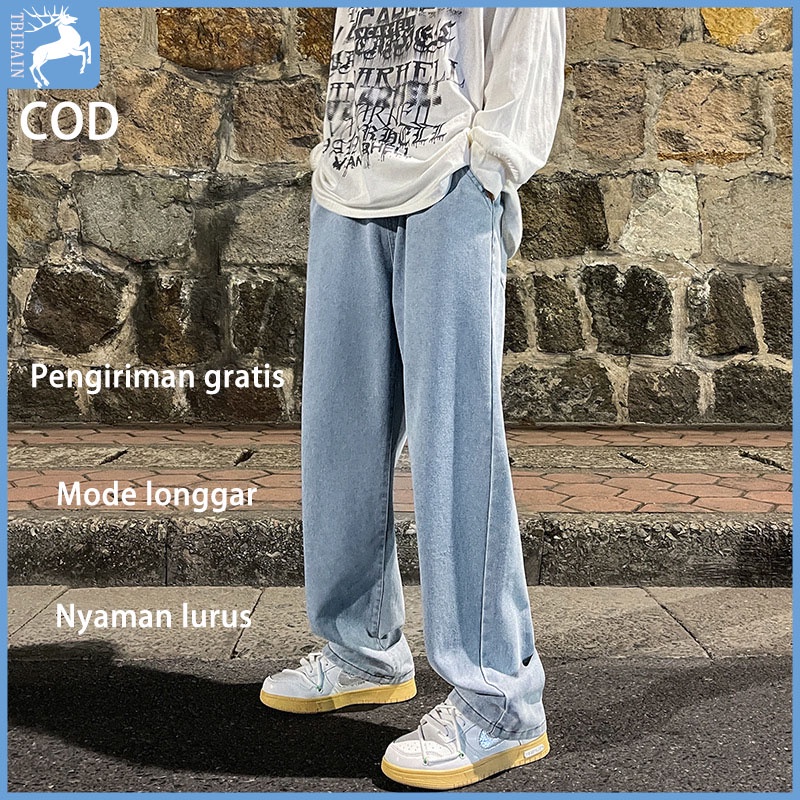 Korean style celana kekinian baggy jeans pria Celana panjang hitam jeans celana lurus cowok jeans wide leg pants celana gombrong pria