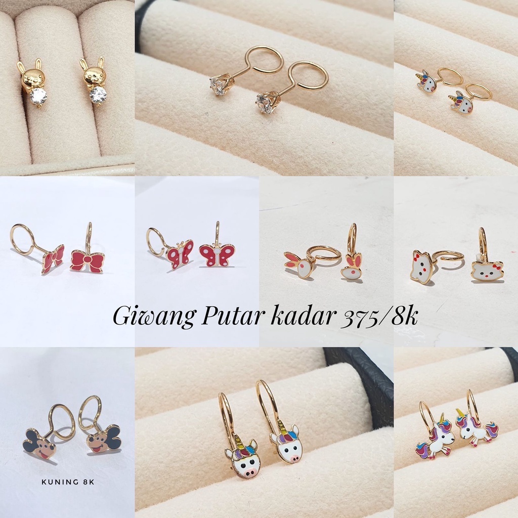 Giwang putar/Anting Toge / Anting anak 375/8k  Anak Dewasa warna poles dan putih kadar 375/ 8k Emas Asli | NEWBORN KIDS BABY EARINGS REAL GOLD