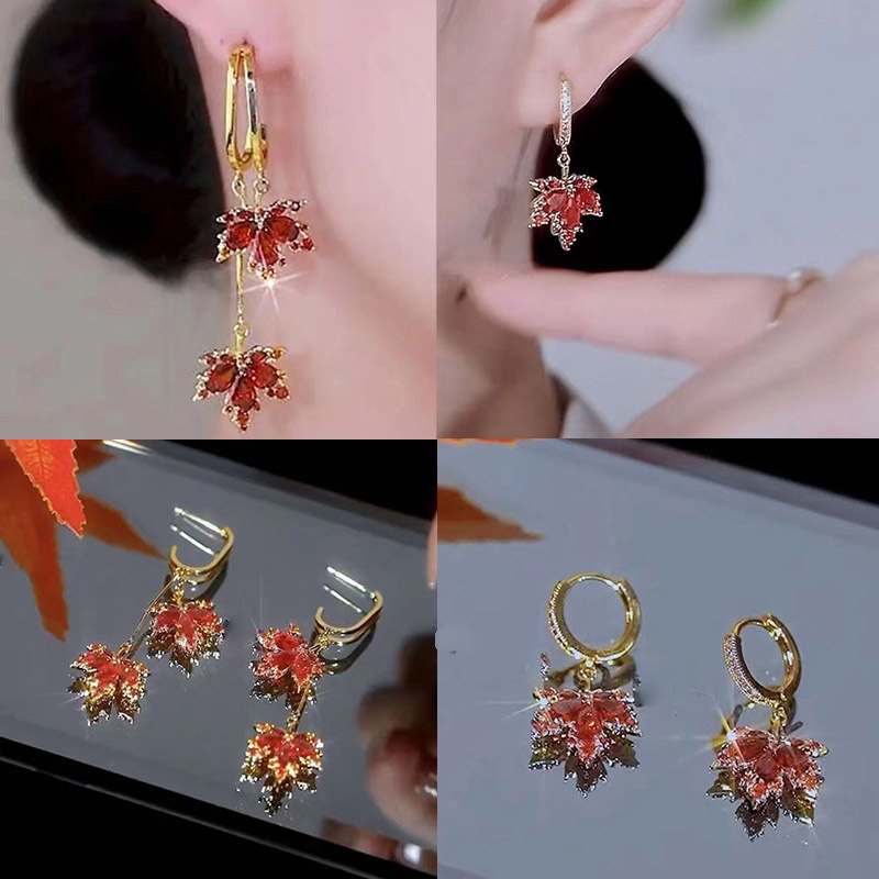 Anting Rumbai Bentuk Daun Maple Merah Aksen Berlian Imitasi