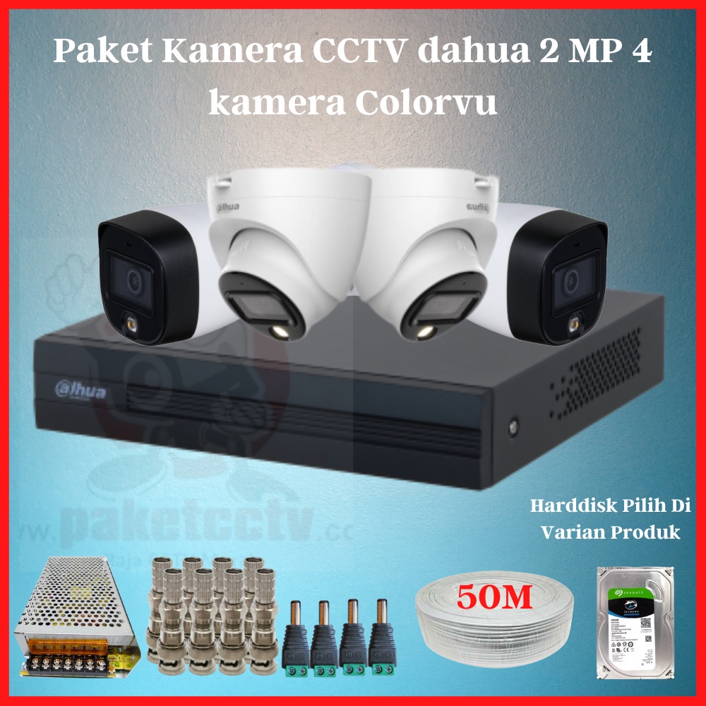 Paket Kamera CCTV 4 Channel 4 Kamera 2MP ColorVu Dvr 4CH Siap Pasang Dahua Colorvu