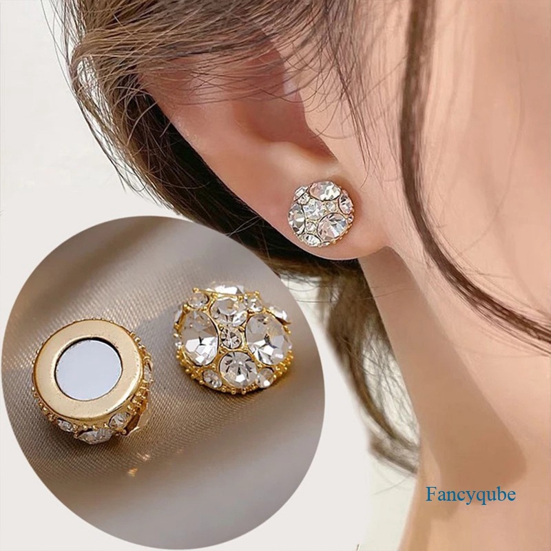 Fancyqube Anting Magnet Bulat Berlian Imitasi Tanpa Tindik Untuk Wanita