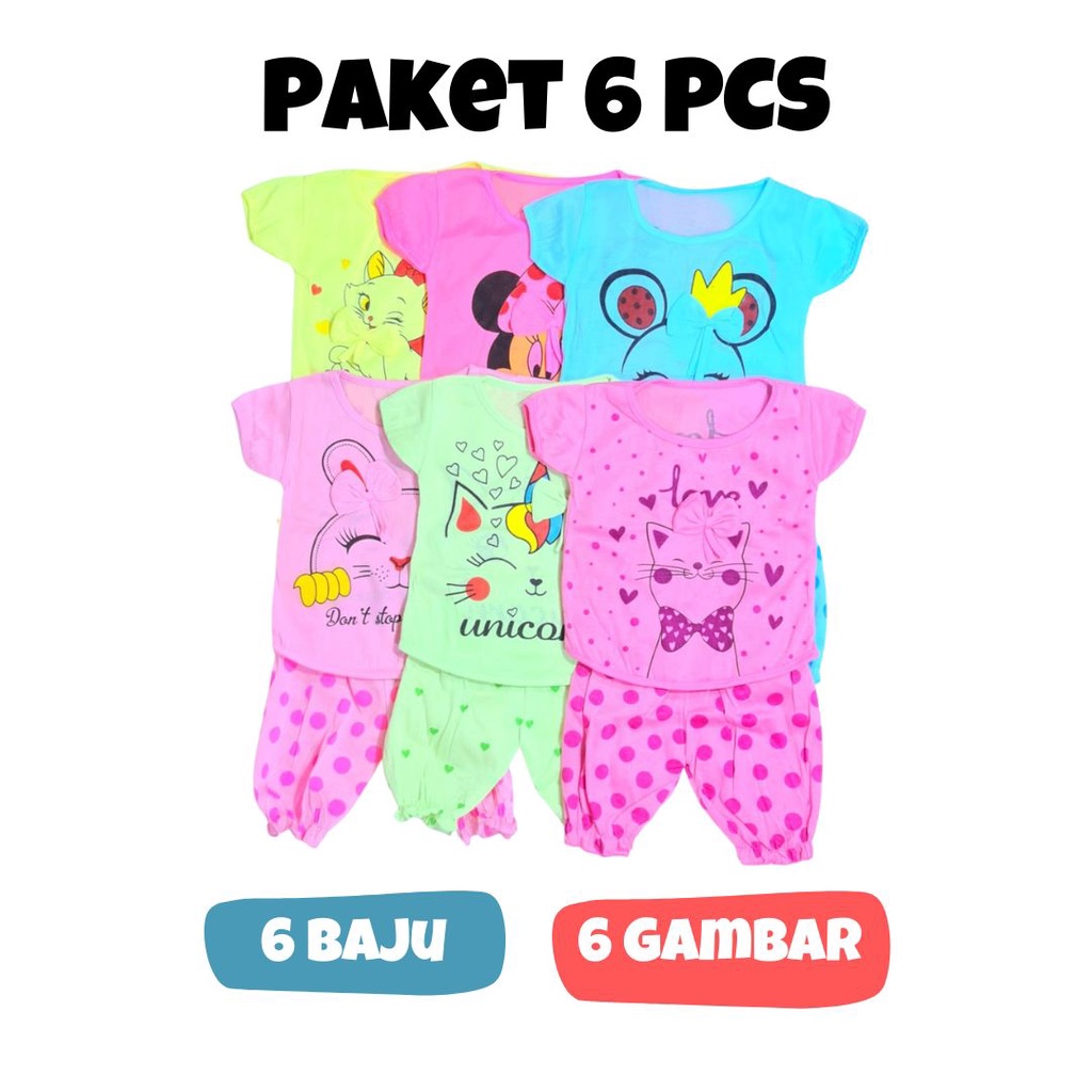 PAKET 6 PCS Setelan Bayi 0-12 Bulan / Setelan Harian Anak / Setelan Baju Anak Perempuan