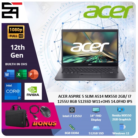 ACER ASPIRE 5 SLIM A514 MX550 2GB/ I7 1255U 8GB 512GB SSD W11+OHS 14 Inchi FHD IPS THUNDERB BLIT