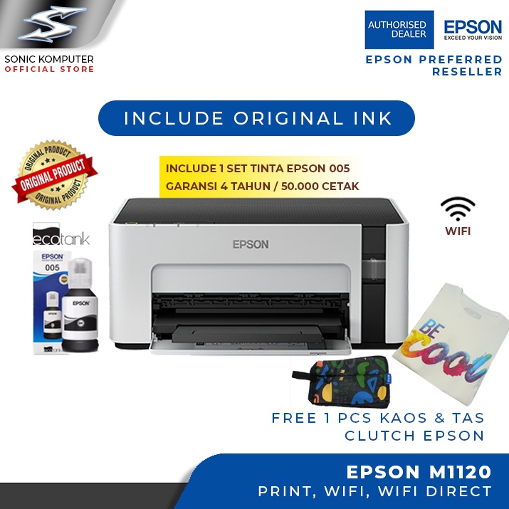 Printer Epson M1120 Monochrome EcoTank Singlefungsi Print Wifi Singlecolor Black Ink Tank Printer