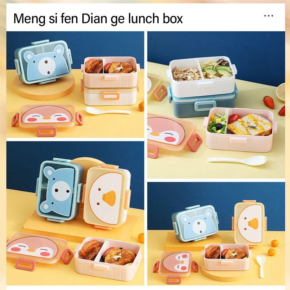 Solighter Lunch Box Microwavable Persegi Panjang Grid Dengan Sendok Wadah Makanan