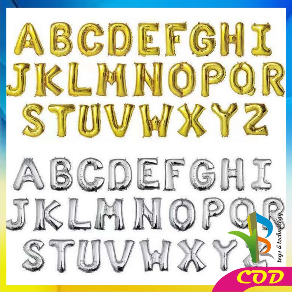 RB-C390 Ballon Foil Abjad Alphabet Polos Silver A-Z Balon Foil Angka 0-9 / Balon Foil Huruf Abjad Alphabet Angka Polos / Baloon Huruf Dan Angka Perlengkapan Ulang Tahun