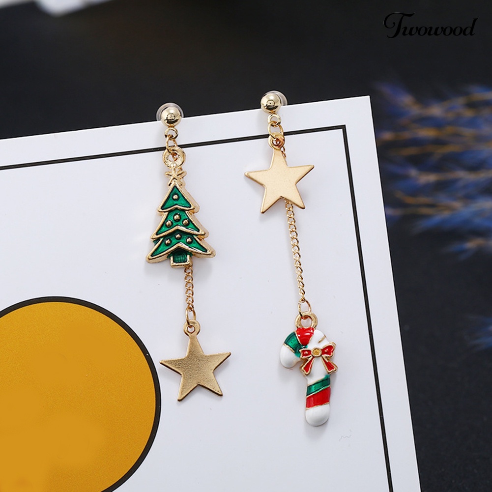 Anting Stud Asimetris Desain Pohon Natal Bintang Untuk Wanita