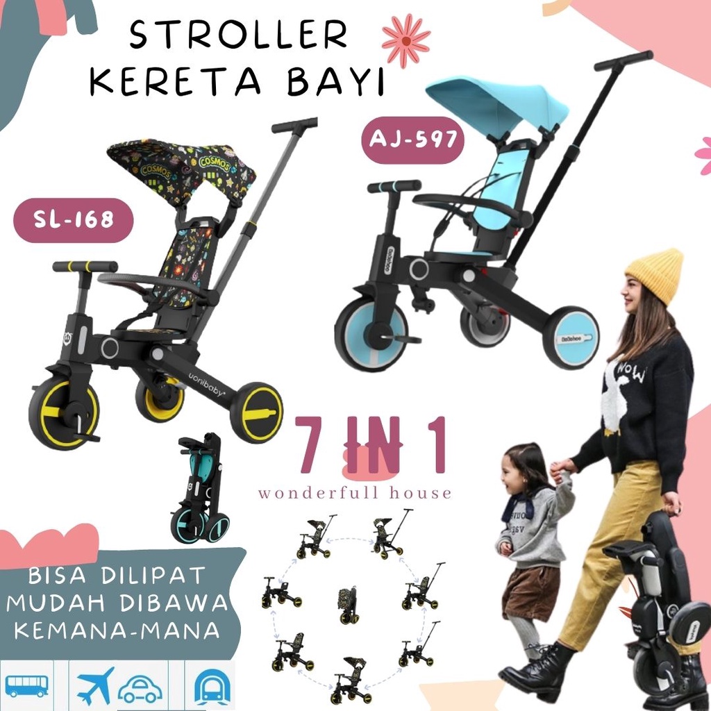 Stroller Bayi Lipat Multifungsi 7 In 1 Sepeda Anak Folding Stroler Lipat 3 Roda