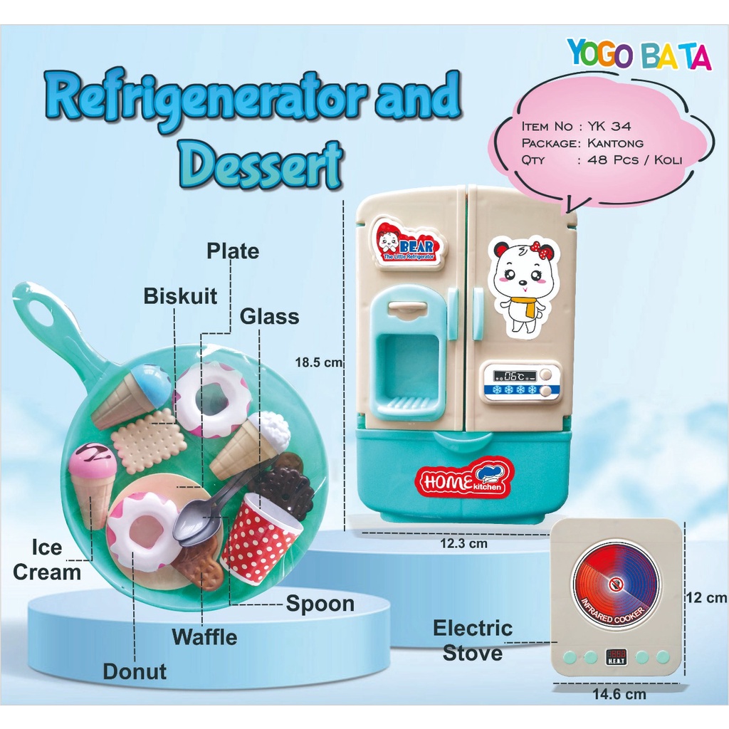 YK 34 MAINAN REFRIGENERATOR AND DESSERT YOGO BATA / MAINAN ALAT DAPUR LENGKAP DENGAN KOMPOR DAN KULKAS PLUS TEFLON