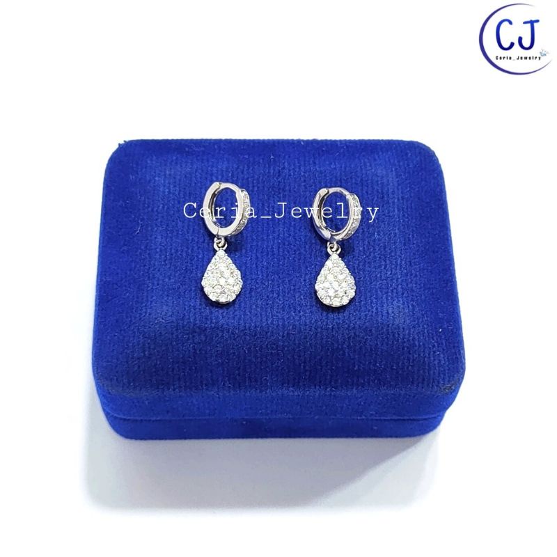 Anting Perak Asli Silver Wanita 925 Lapis Emas Putih Model Jepit Gantungan Oval _ Perhiasan Perak