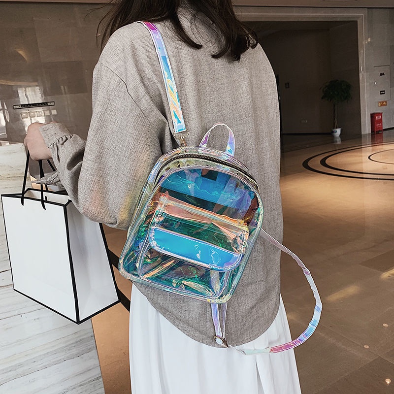 ℗❐Seraser Kasual Mini Ransel Wanita Versi Korea 2021 Baru Fashion Trendi Laser Transparan Jelly Tas Ransel Pelajar Semua Pertandingan