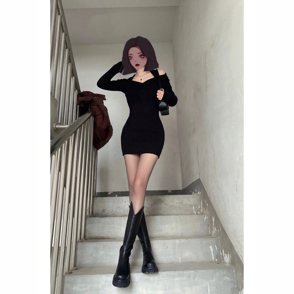 Gaun one-shoulder wanita musim gugur gaya baru high-end temperamen gadis seksi menggantung leher rasa desain tas prancis rok pinggul