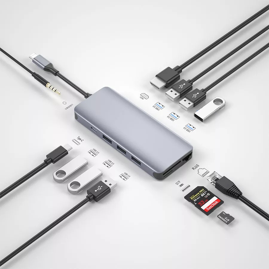 WIWU ALPHA 12 in 1 USB C to USB 3.0 HUB / HDMI / SD / TF / RJ45 / JACK / TYPE-C / MULTI PORTS