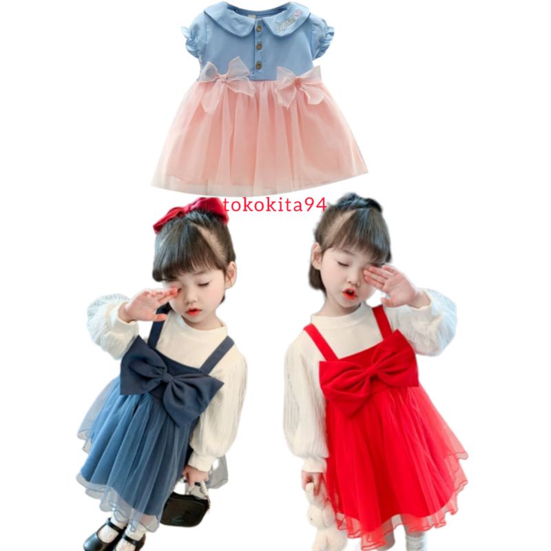 Dress Anak Import Satuan Motif  Pita Lucu - Gaun Baby Korea Cewek 1Pcs - Rok Anak Cewek Import Satu Pcs Lucu