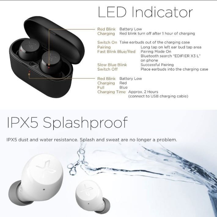 EDIFIER TWS X3+ Bluetooth Earphone aptX IPX5 Splash Proof