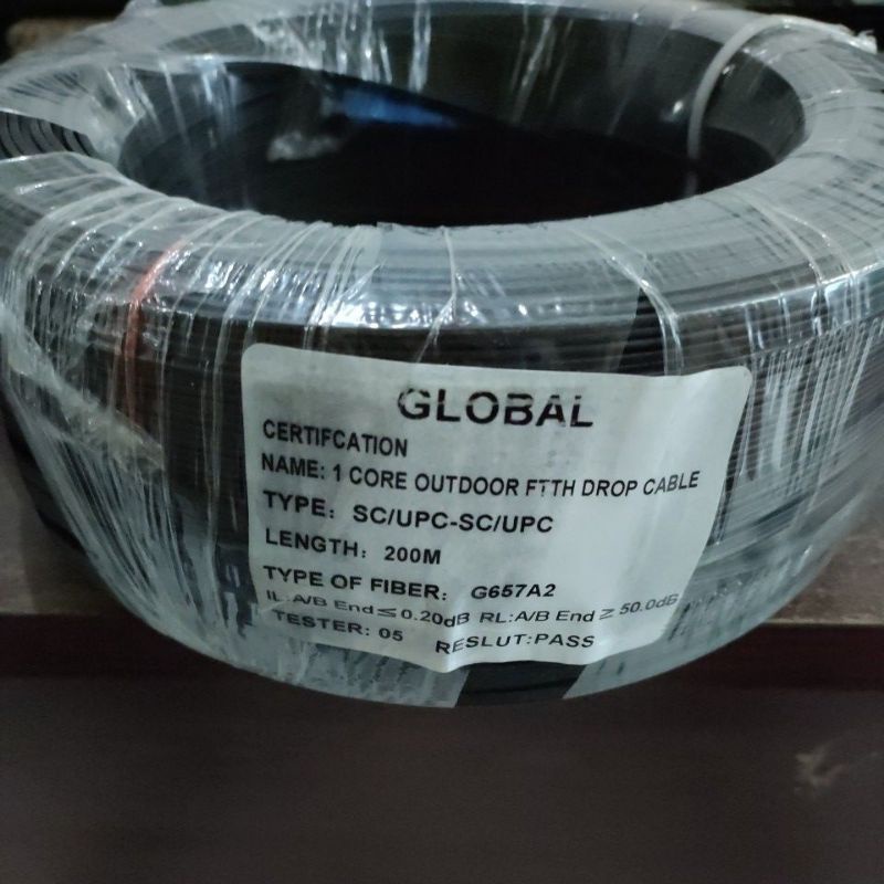 GLOBAL, Kabel FO Precon 200 meter Dropcore 1 Core 3seling Fiber Optik FTTH CATV SC UPC