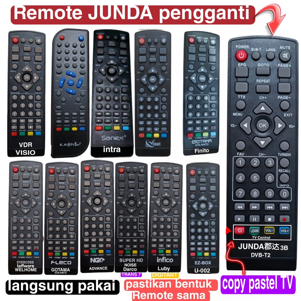 REMOTE JUNDA 3B MULTI FUNGSI UNIBERSAL SET TOP BOX STB BERBAGAI MEREK SESUAI DIGAMBAR