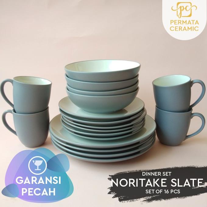 Piring Makan Dinner Set Keramik Motif Noritake Abu 16Pcs Fellixaa