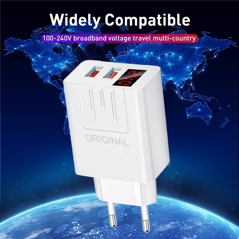 Adapter Charger 2 Port USB Tipe-C Fast Charging Display LED Untuk Iphone / Android